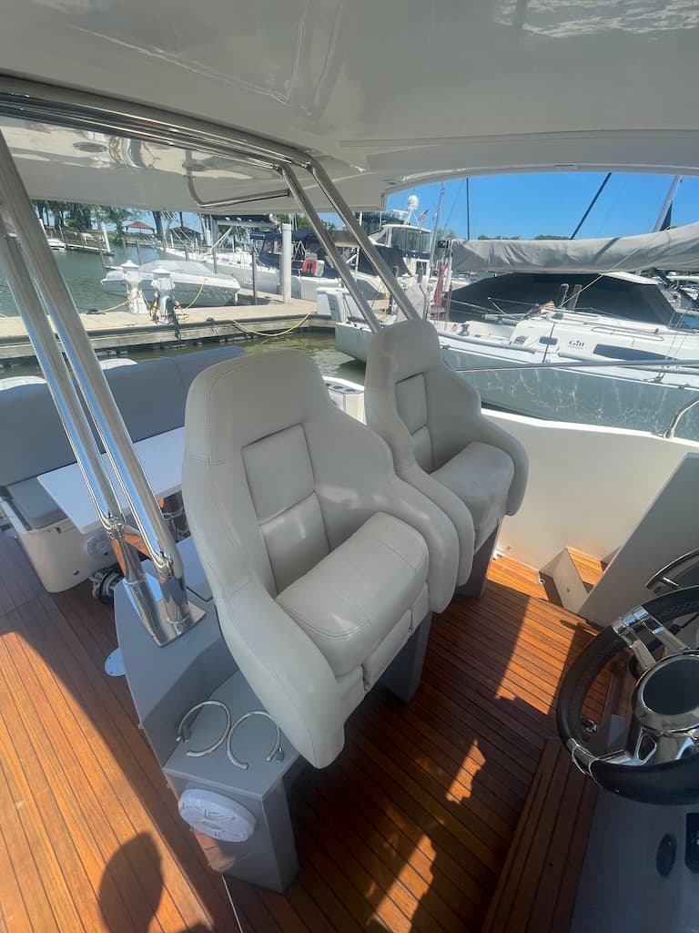 2015 Faeton 36 Formentera stern view with twin outboards