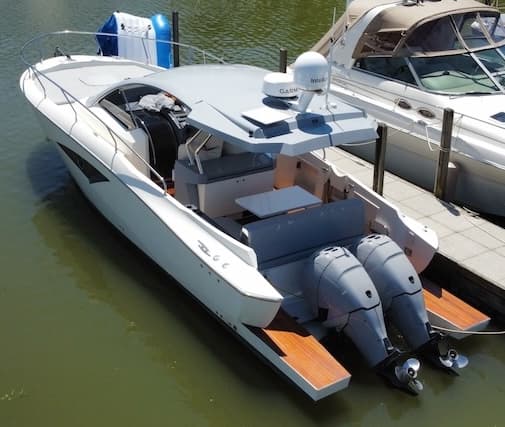 2015 Faeton 36 Formentera cockpit view with teak decking and L-shaped seating