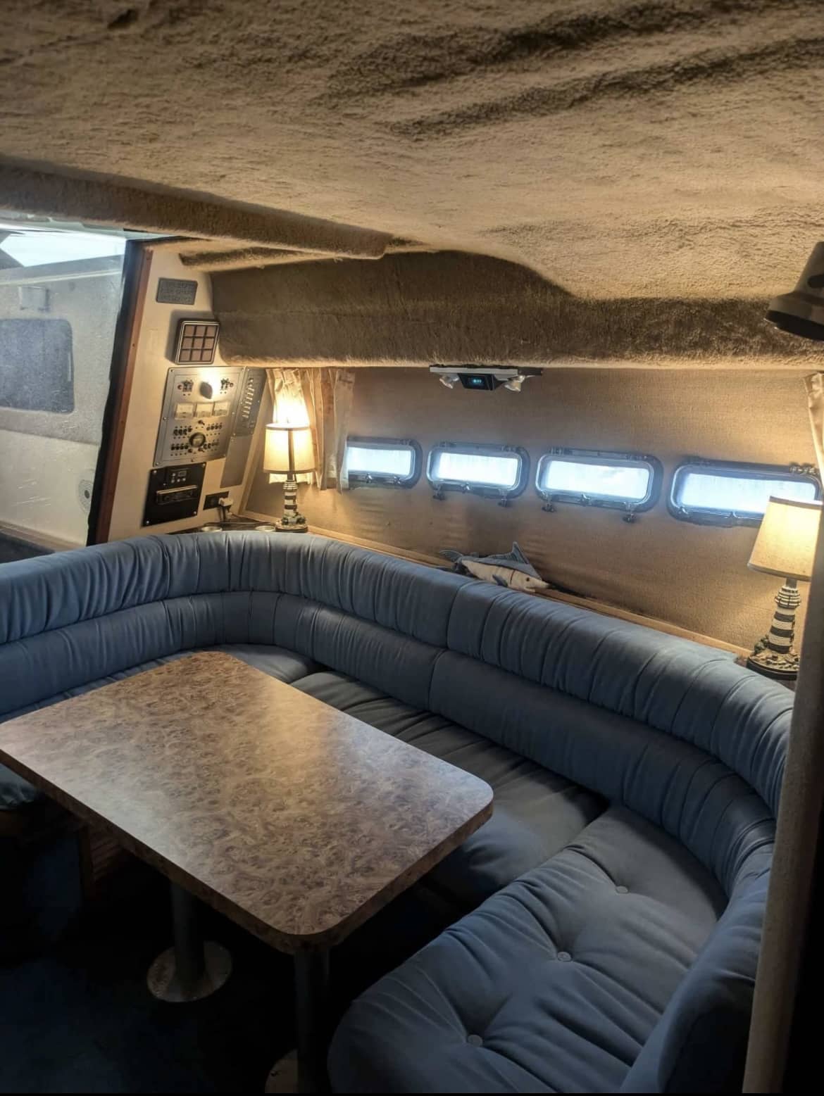 1983 Chris Craft Commander 332 cabin interior with new canvas and camper top