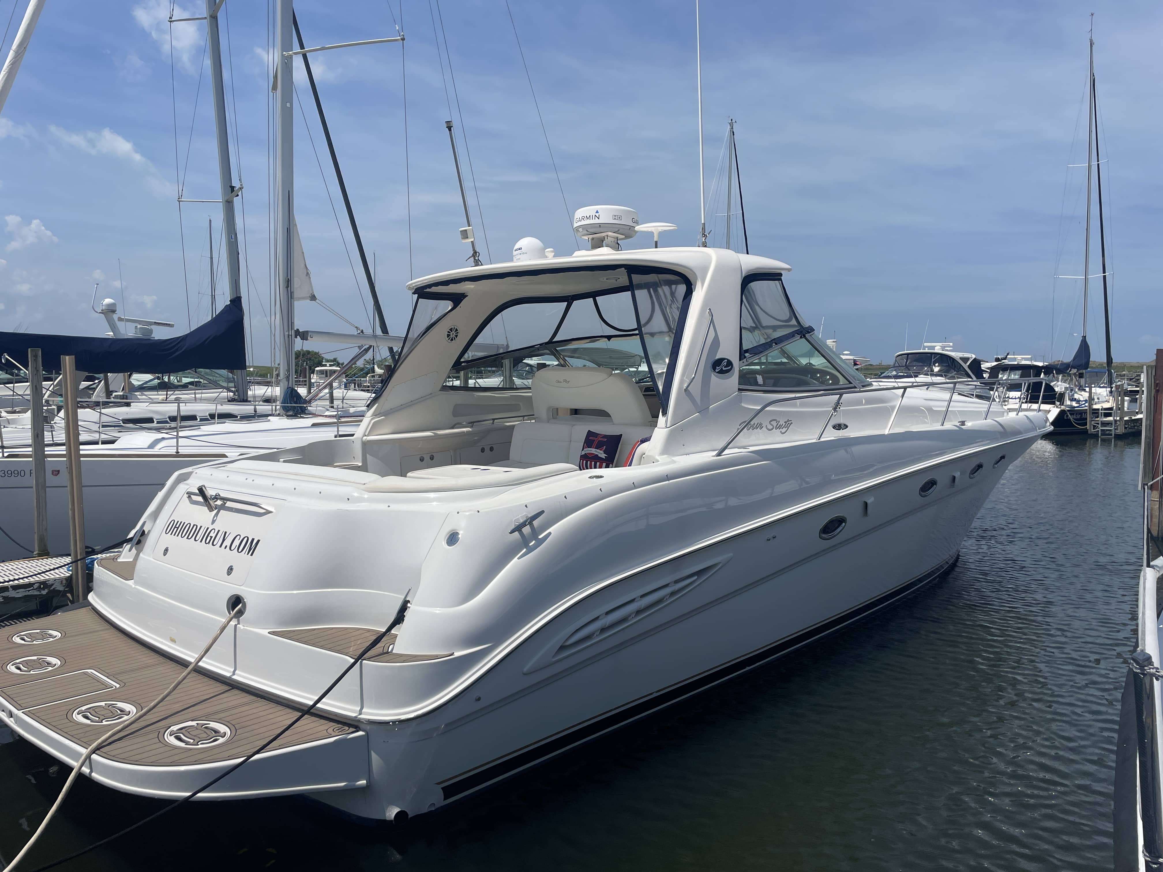 2001 Sea Ray Sundancer 460 profile view with factory hard top in Cleveland on Lake Erie