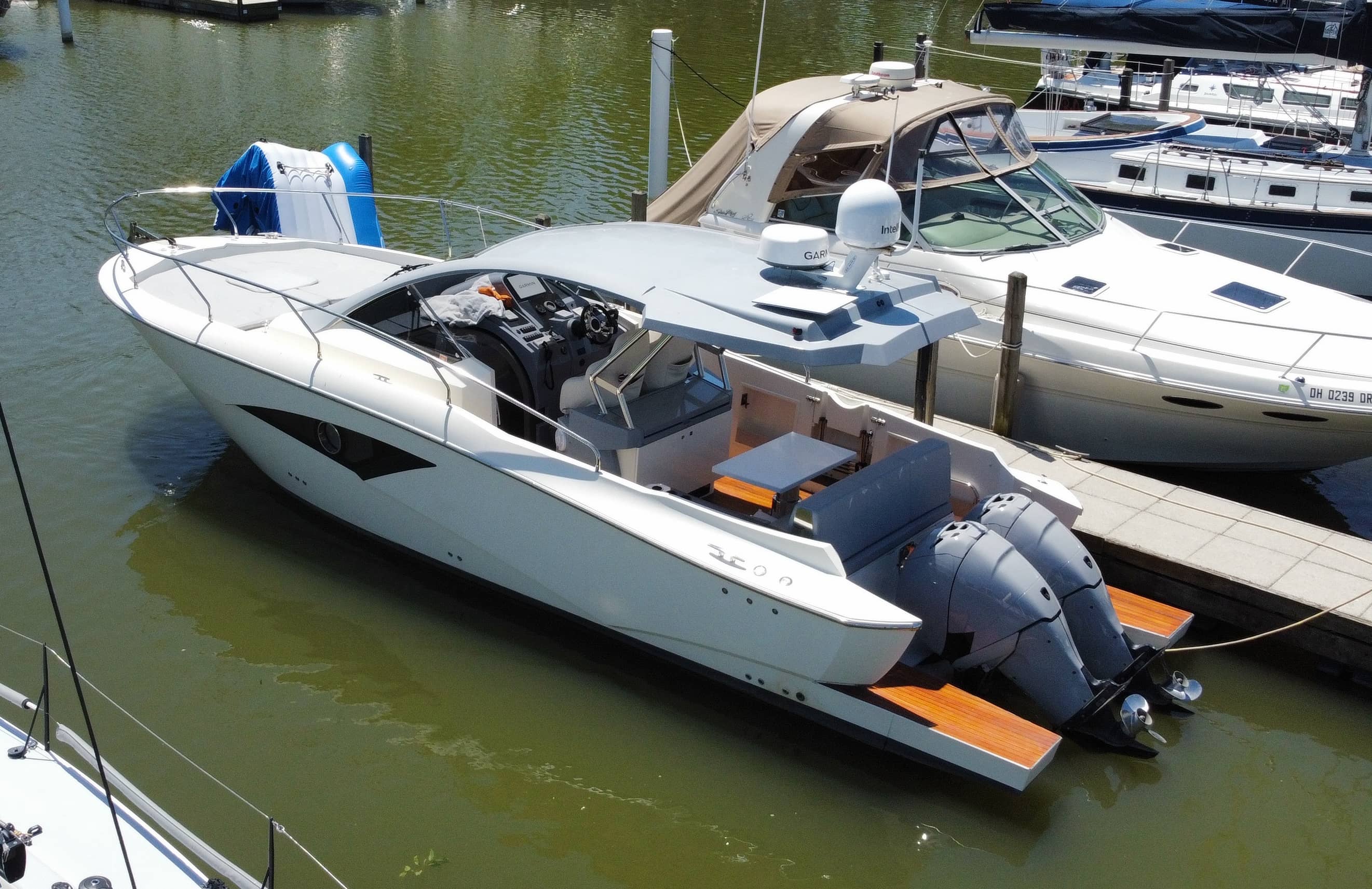 2015 Faeton 36 Formentera express cruiser docked in Cleveland, Ohio on Lake Erie
