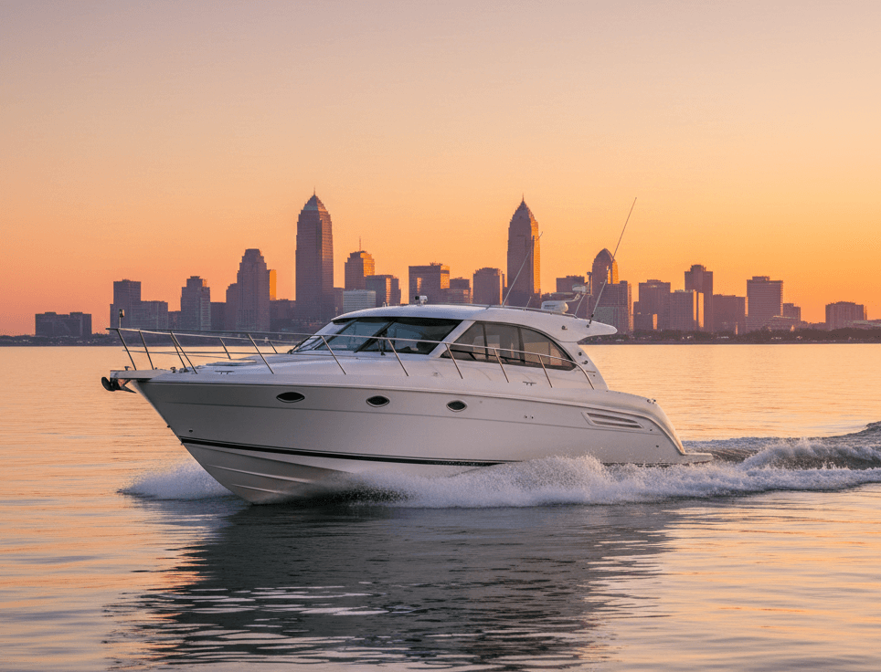Luxury motorboat on Lake Erie with Cleveland skyline, illustrating the lifestyle and costs of boat ownership