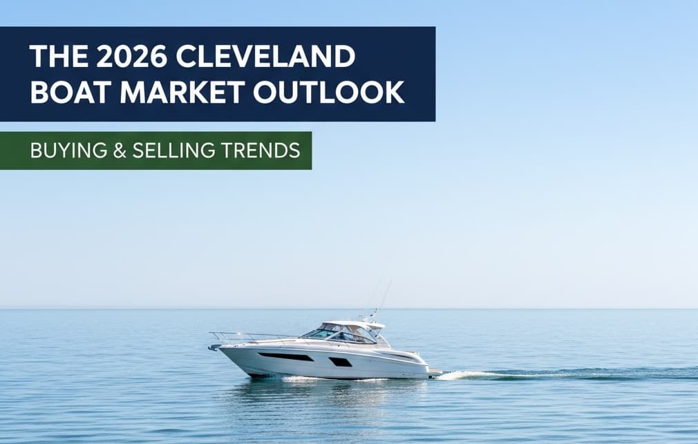 A high-end motorboat on Lake Erie with the Cleveland skyline, illustrating 2026 marine market trends