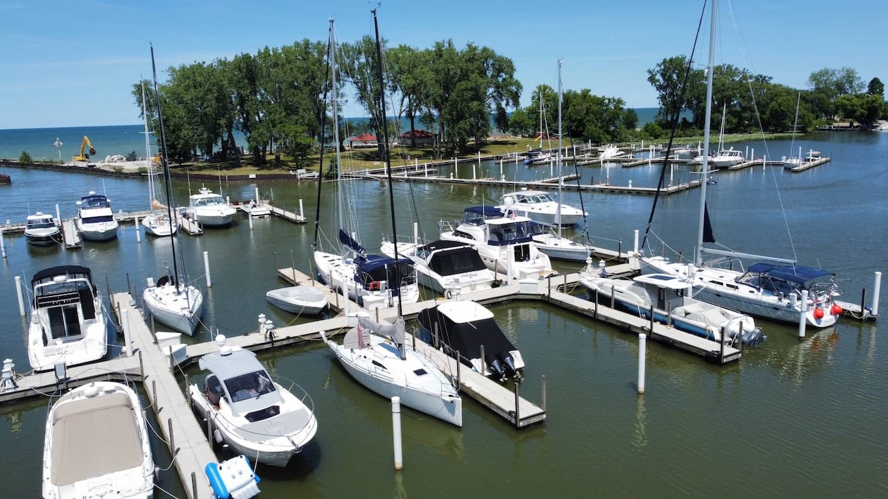 Aerial view of Cleveland lakefront marinas on Lake Erie