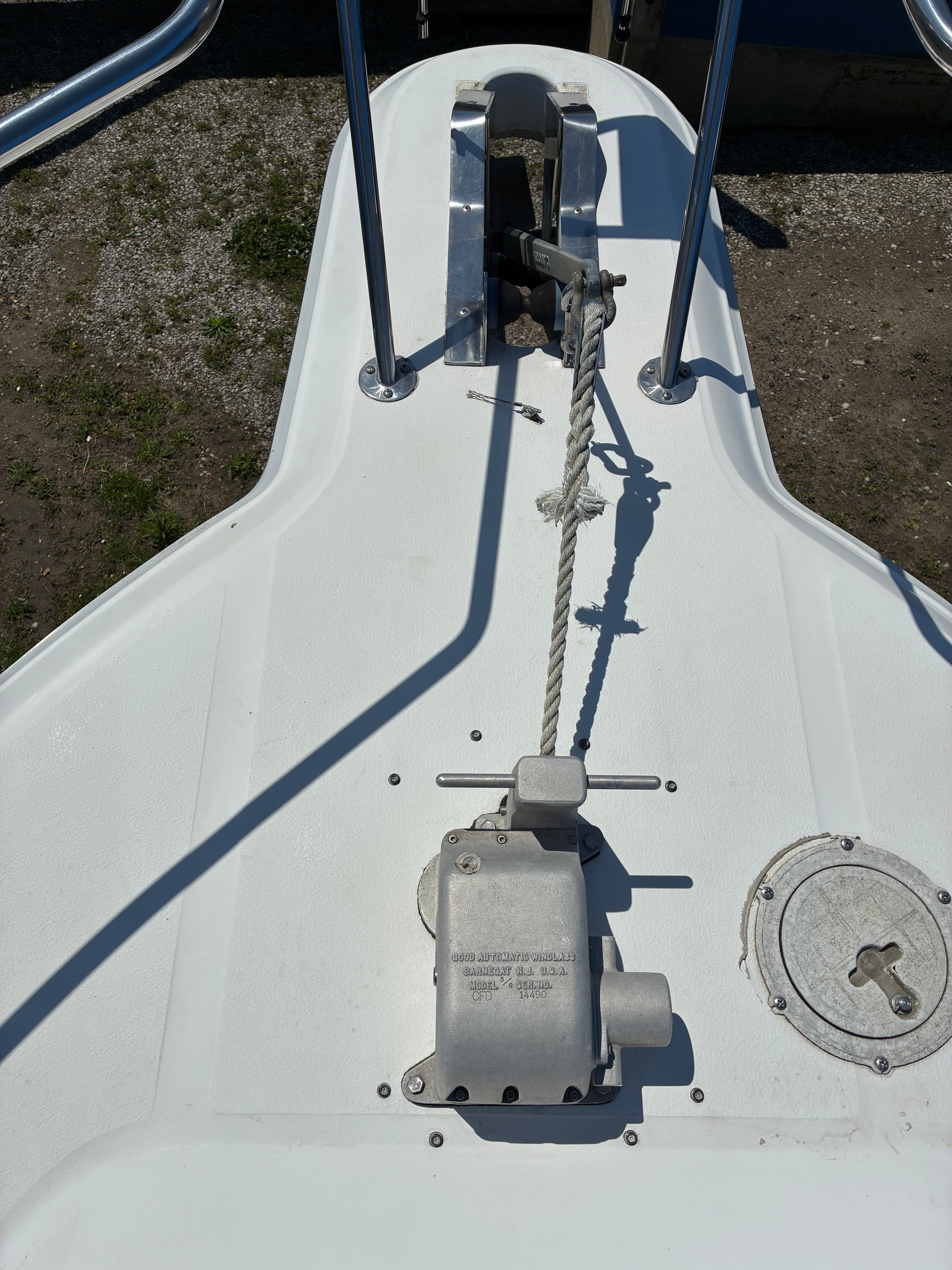 1990 Sea Ray 350 Express Cruiser power windlass and anchor pulpit detail