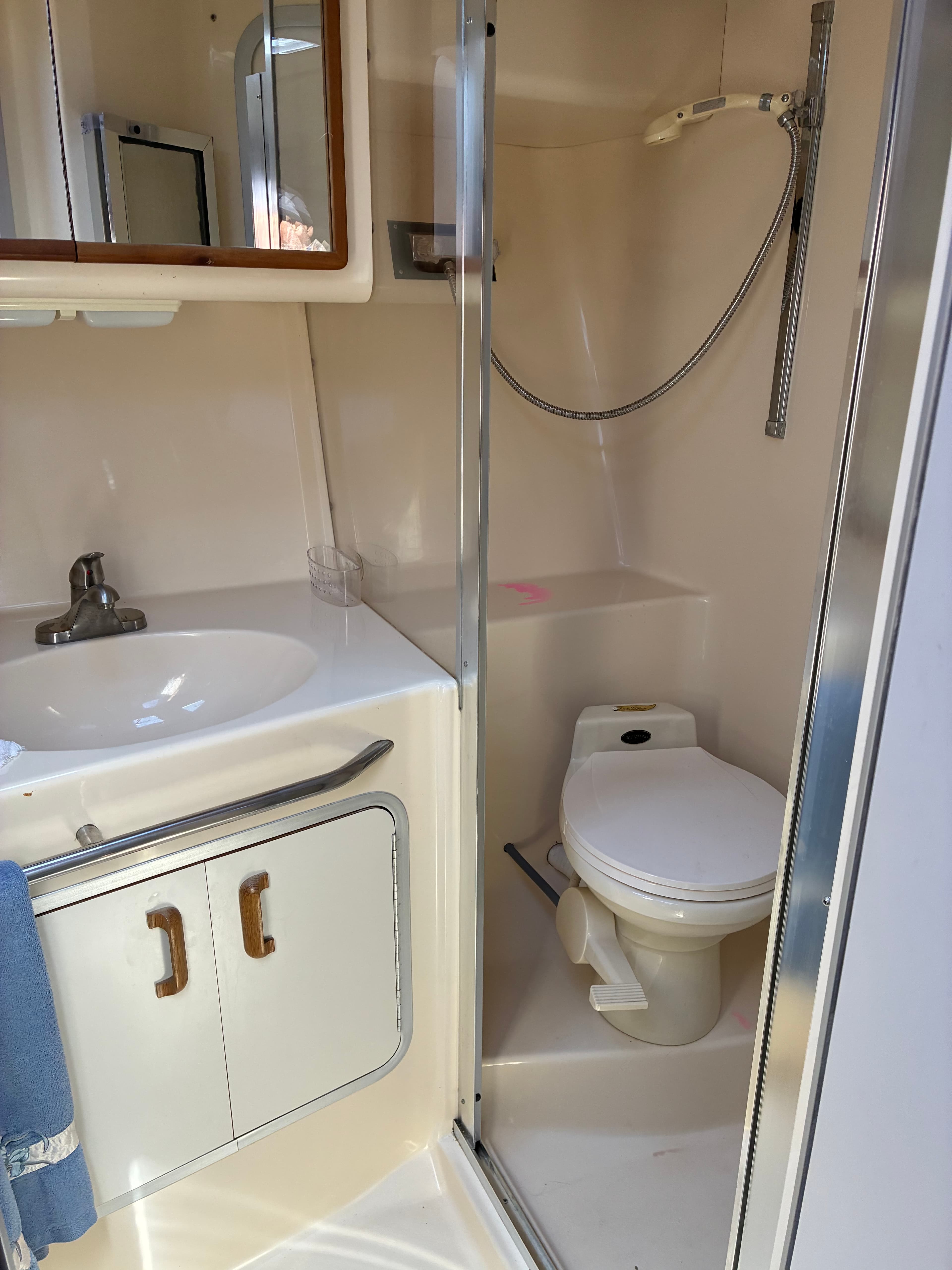 1990 Sea Ray 350 Express Cruiser head with shower wand and vanity