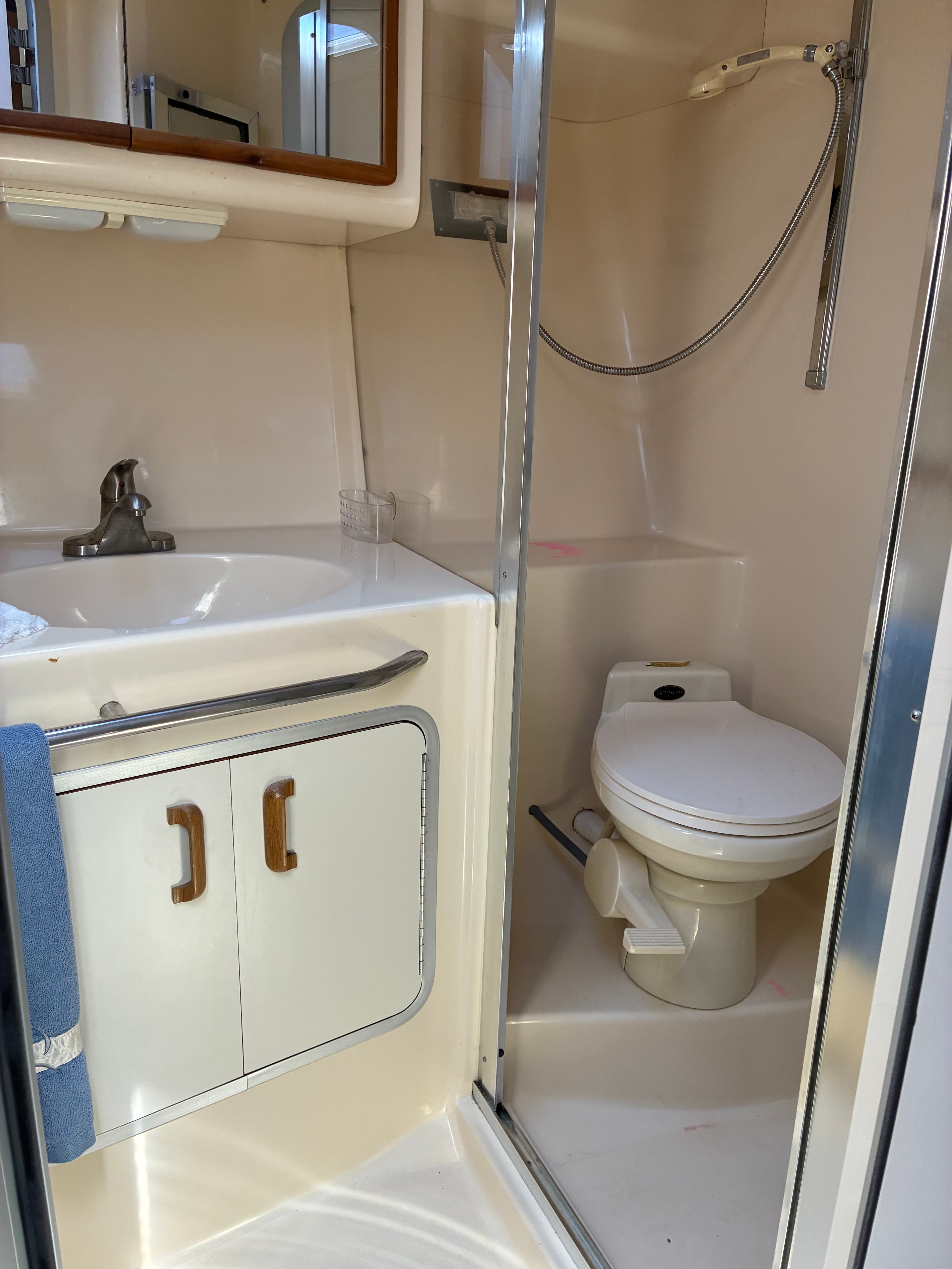 1990 Sea Ray 350 Express Cruiser head with marine toilet and shower