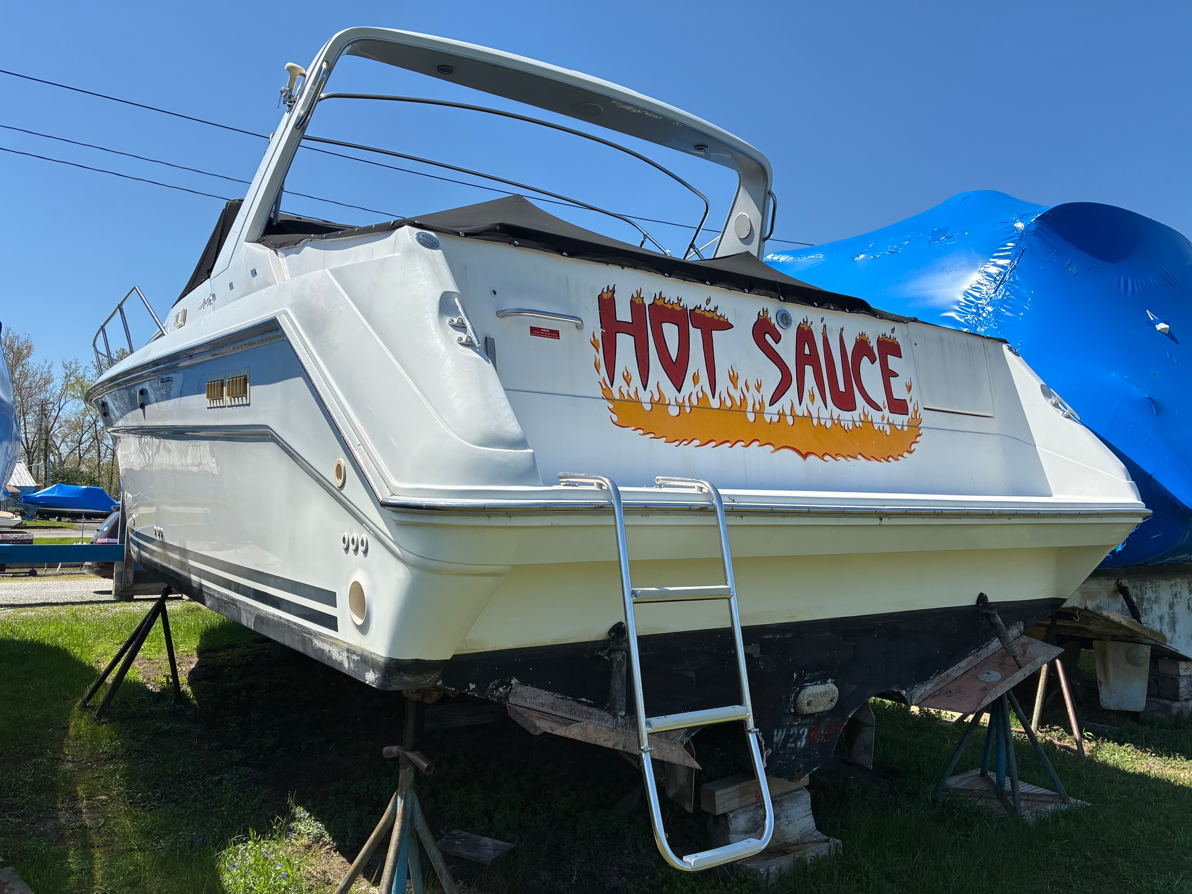 1990 Sea Ray 350 Express Cruiser stern with swim platform and boarding ladder