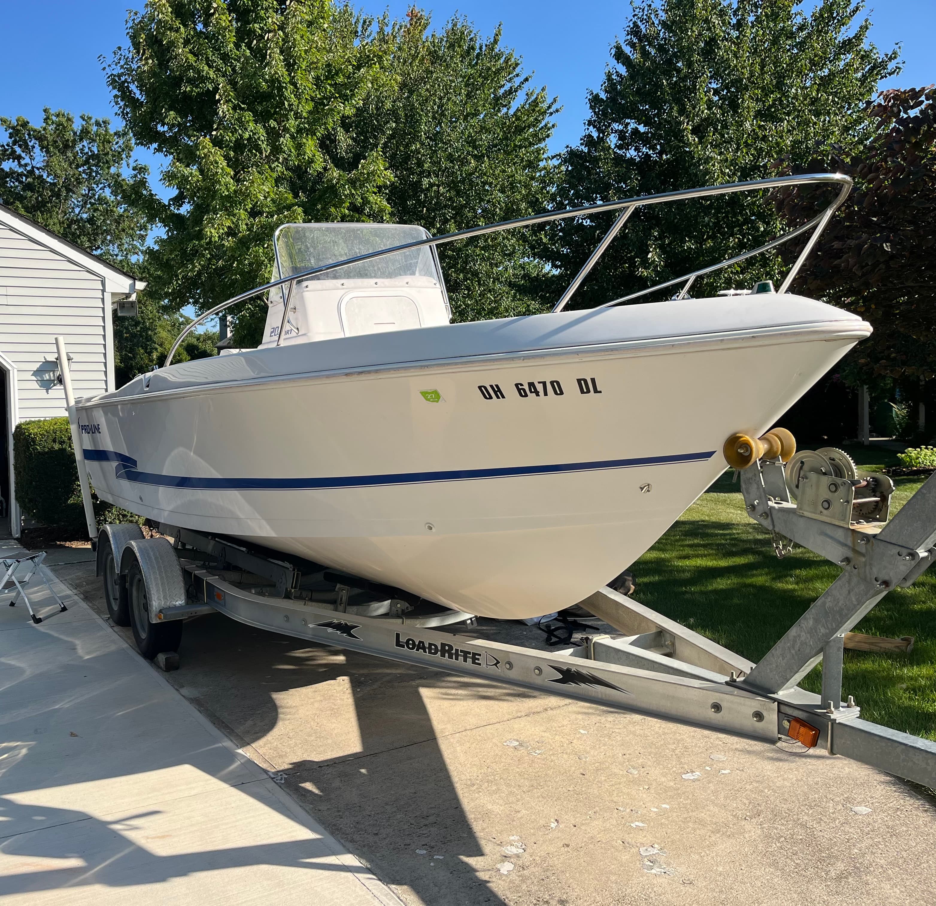 2003 Pro-Line 20 Sport center console starboard side profile on its LoadRite trailer in Avon Lake, Ohio
