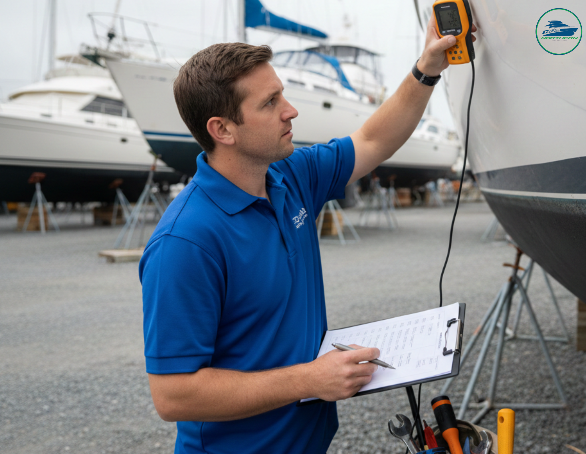 Marine surveyor inspecting used boat hull with moisture meter at Cleveland boatyard during pre-purchase inspection
